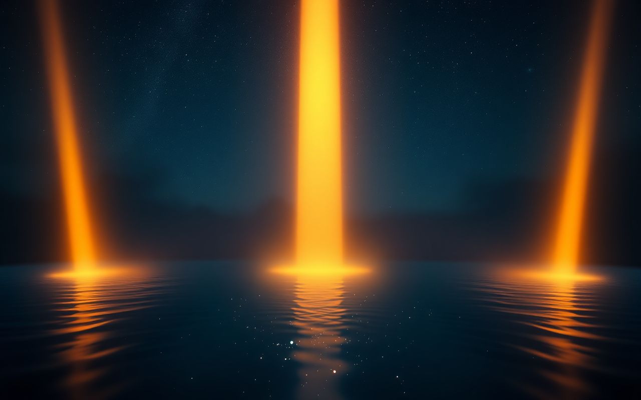 Four beams of gold light into night sky