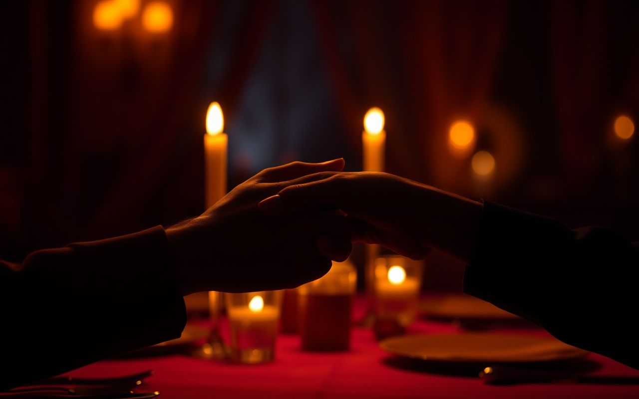 Two hands reaching across a candlelit table