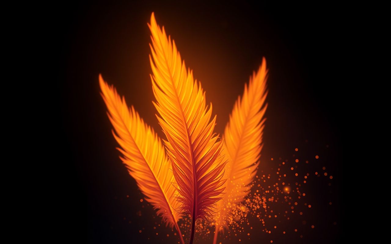 Three phoenix feathers rising into light
