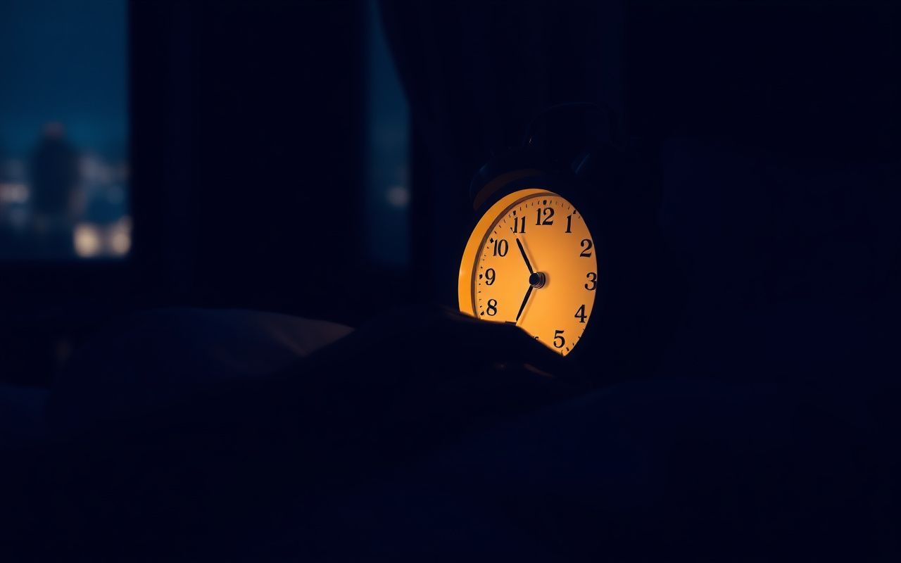 Bedside clock glowing 4:44 at night