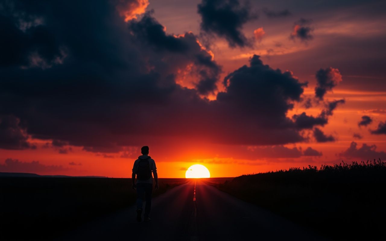 Road into sunset with traveler — 555 change