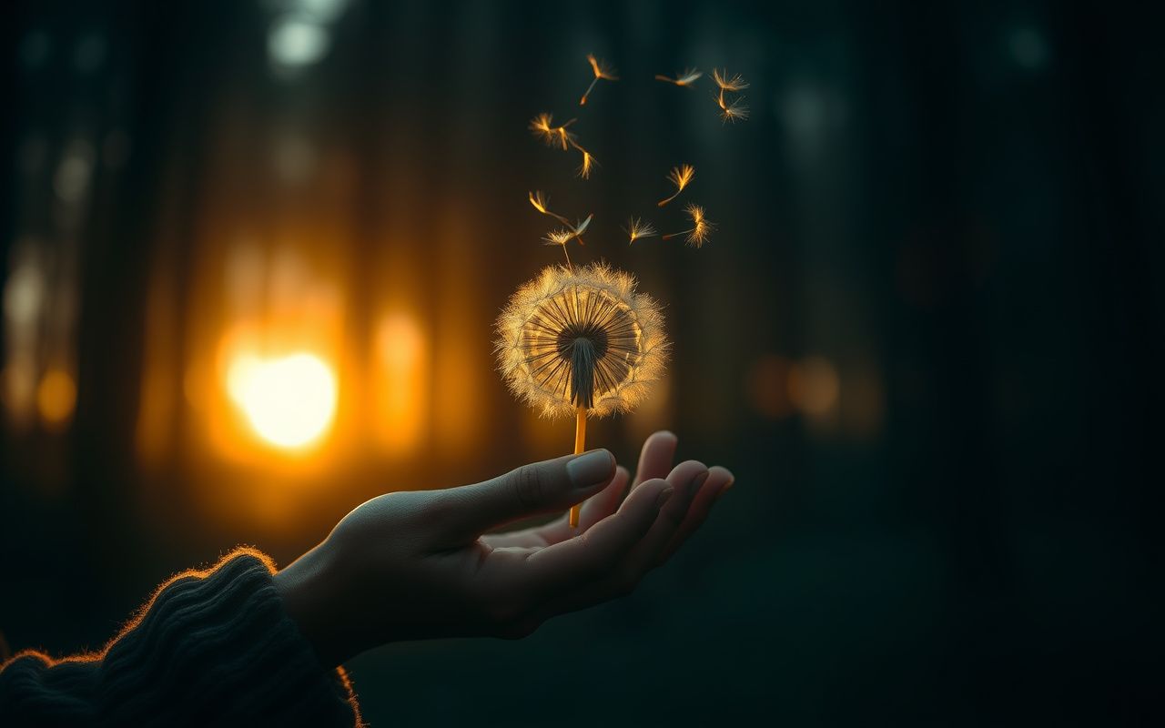 Hands releasing dandelion seeds into wind