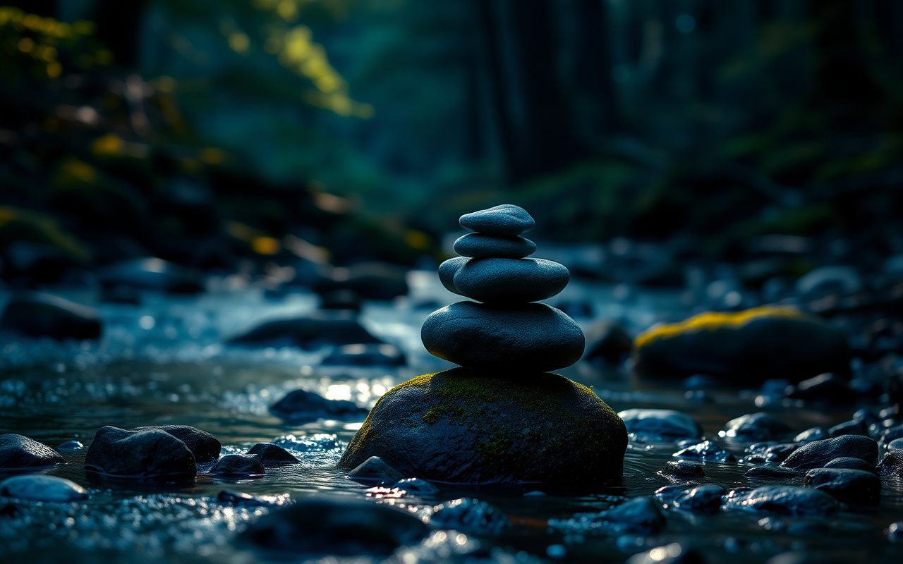 Balanced stones on a forest stream