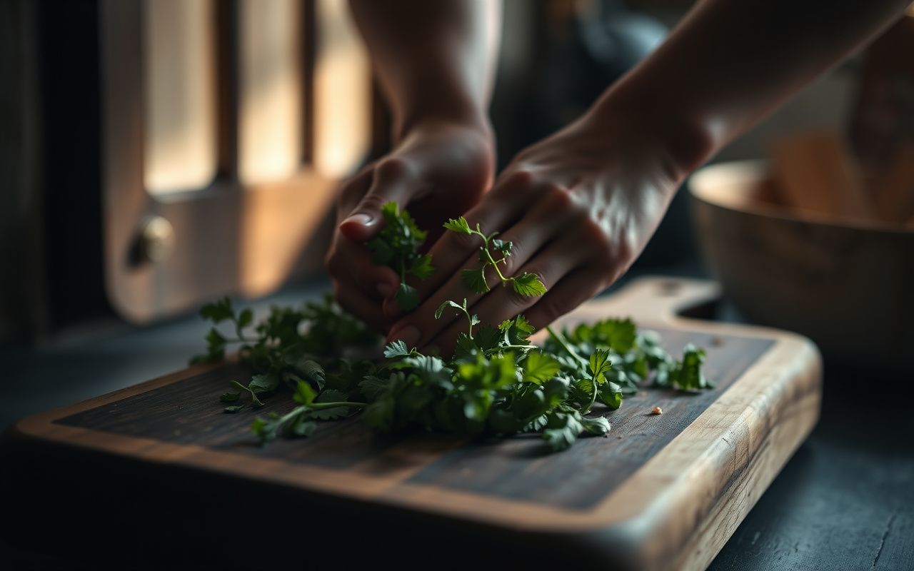 Hands cooking with fresh herbs