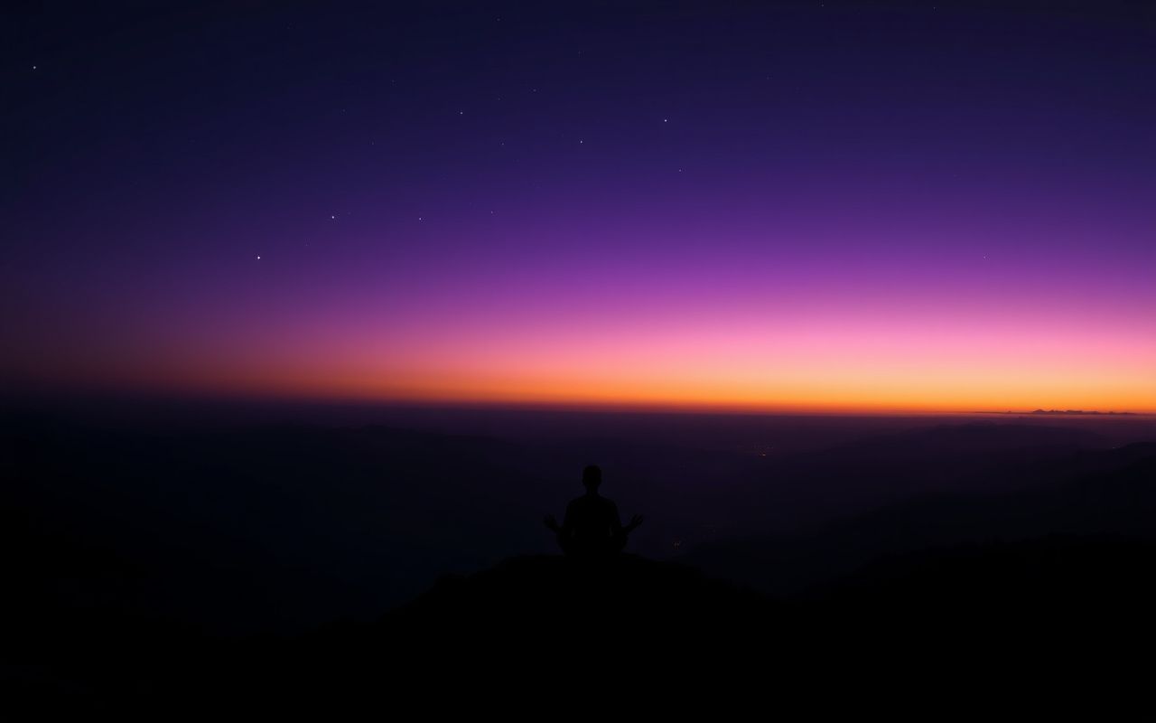 Seven stars above a mountain meditator — 777