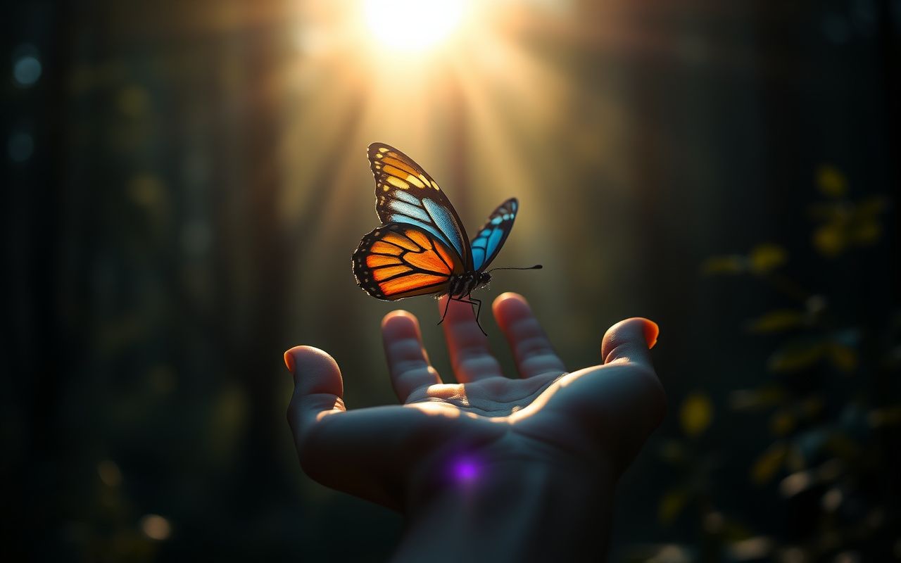 Butterfly landing on an open palm