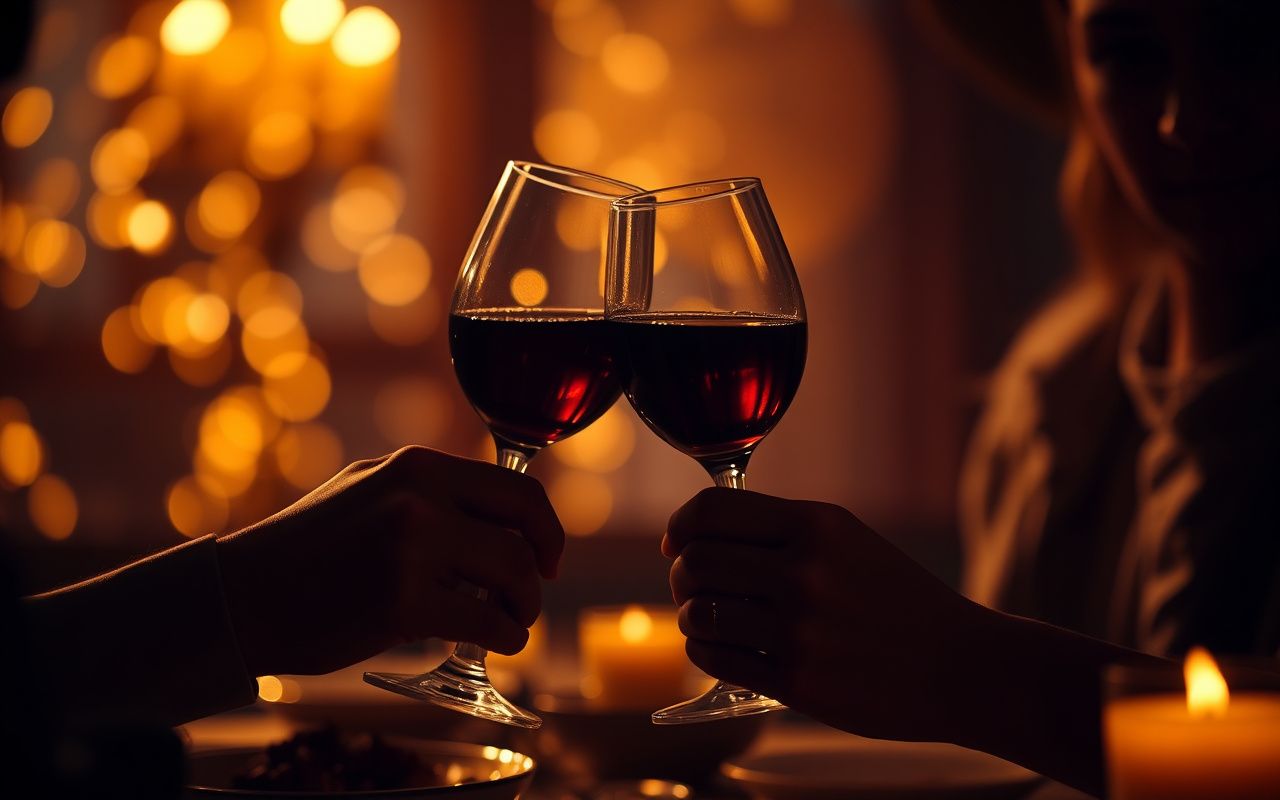 Wine glasses toasting in candlelight