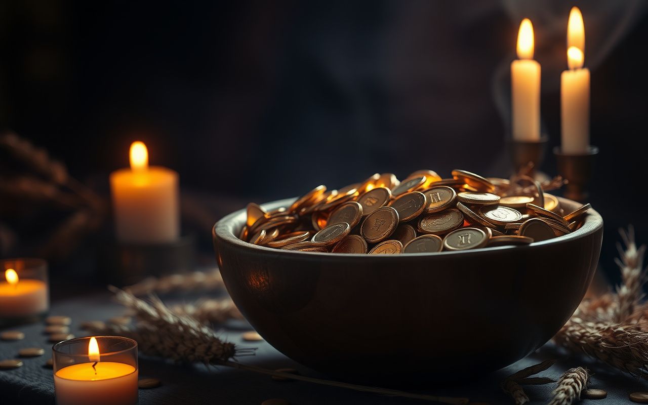 Overflowing bowl of gold coins and wheat