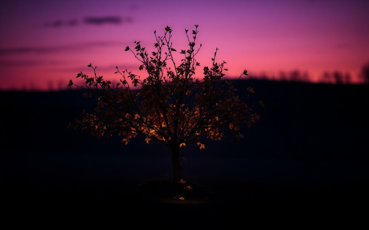 Autumn tree shedding leaves at dusk — 999