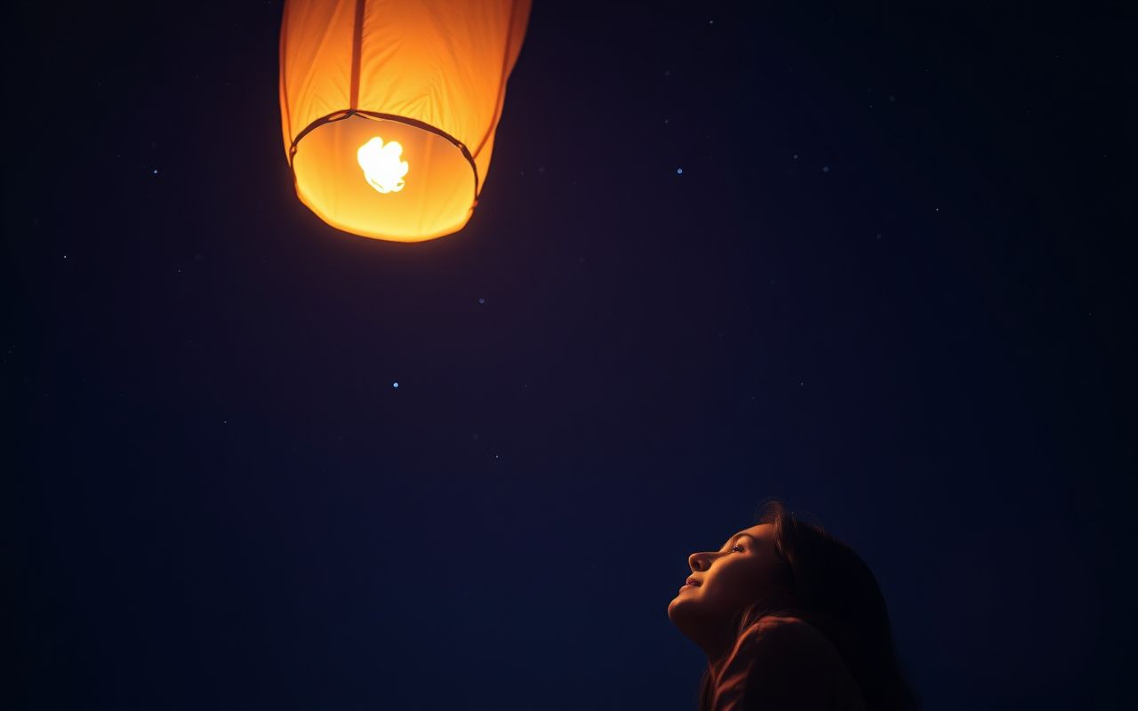 Sky lantern being released at night