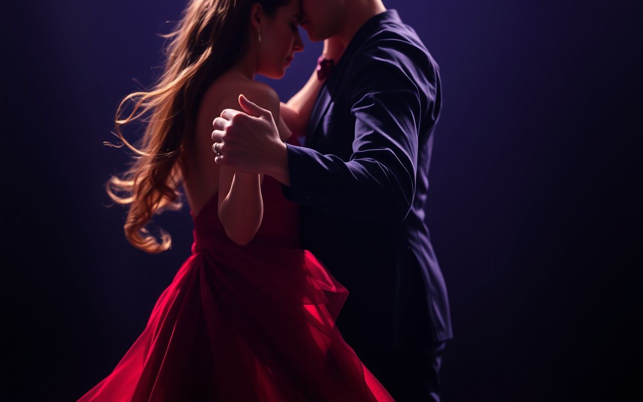 Tango dancers in red and purple mid-step