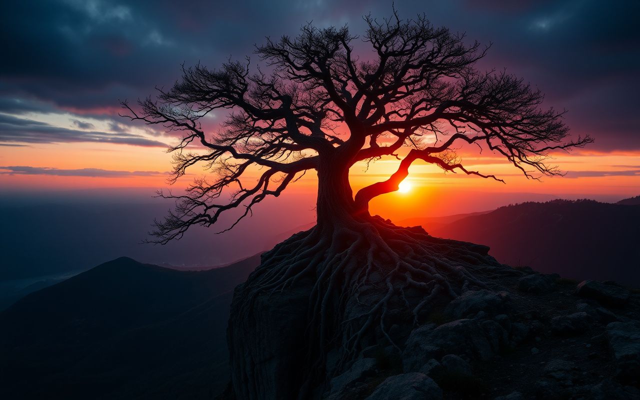 Intertwined trees on a mountain ridge