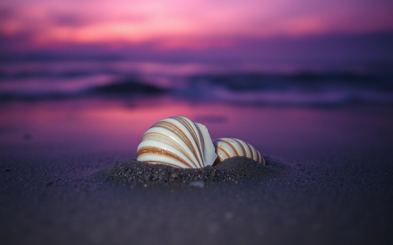 Two shells nestled on wet sand at dusk