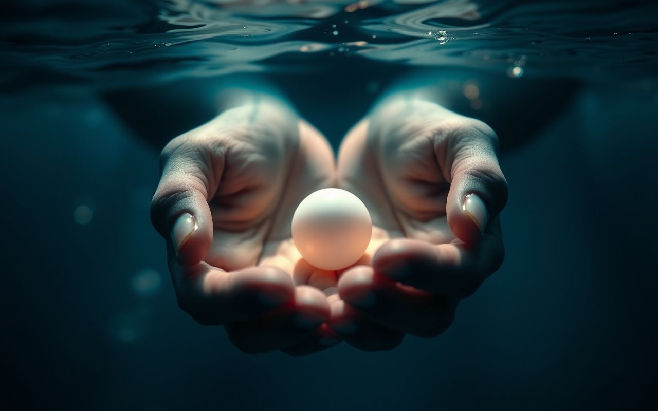 Hands holding a glowing pearl underwater