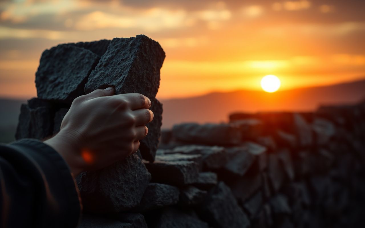 Half-built stone wall in warm sunset light
