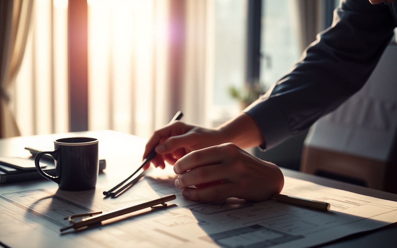 Hands working over blueprints in sunlit office