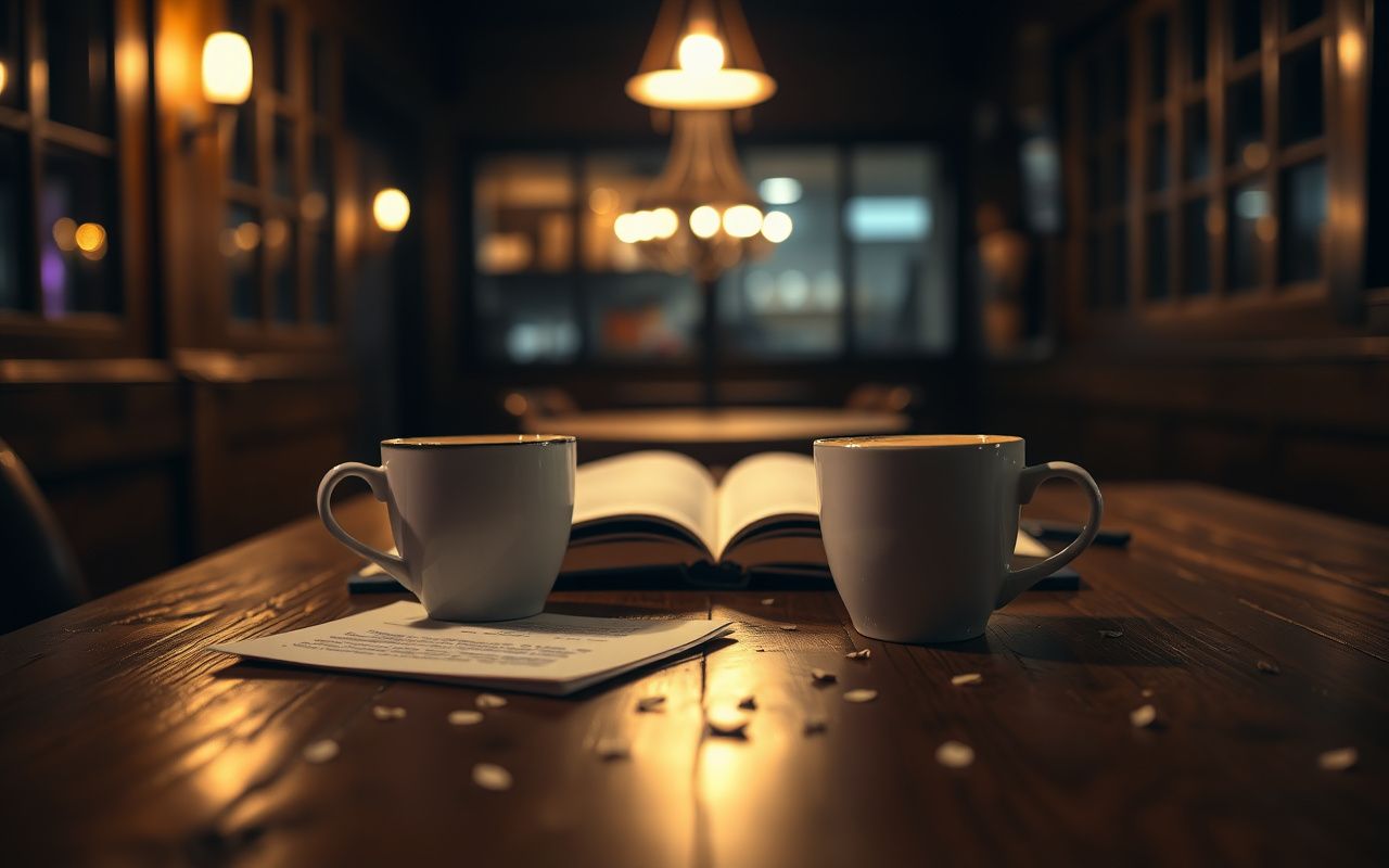 Cafe conversation at night with coffee and books