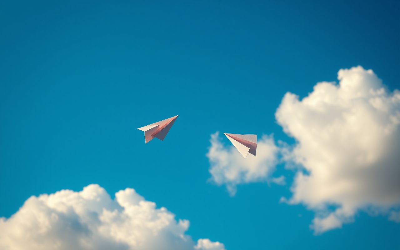 Two paper airplanes crossing in bright sky