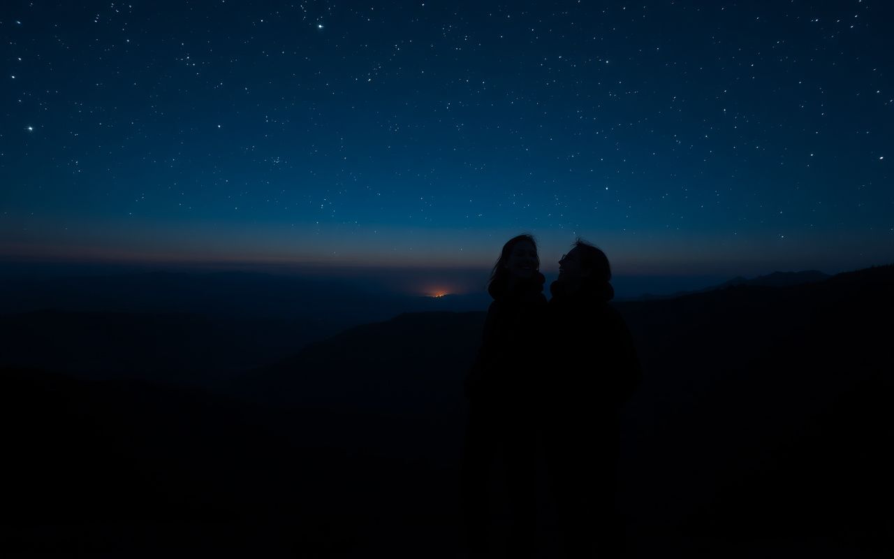 Silhouettes of travelers under bright stars