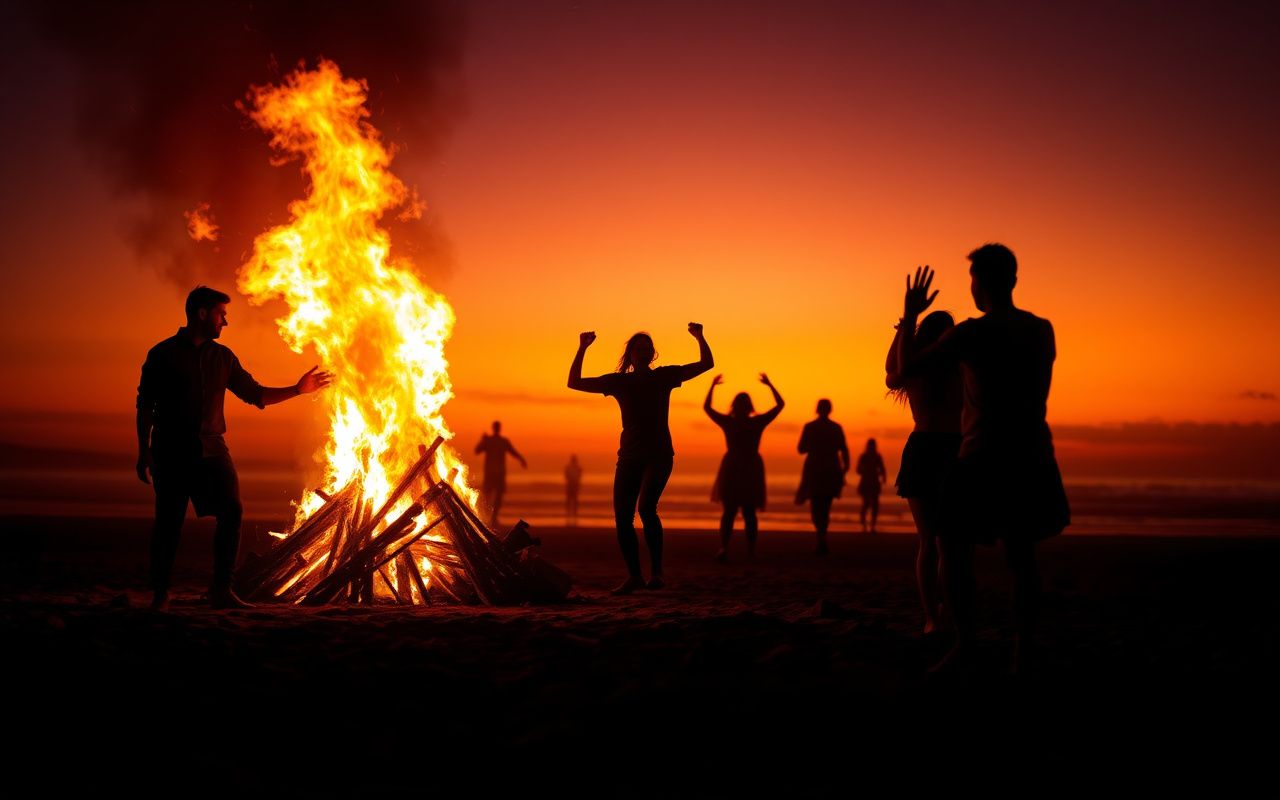 Beach bonfires at sunset with dancers