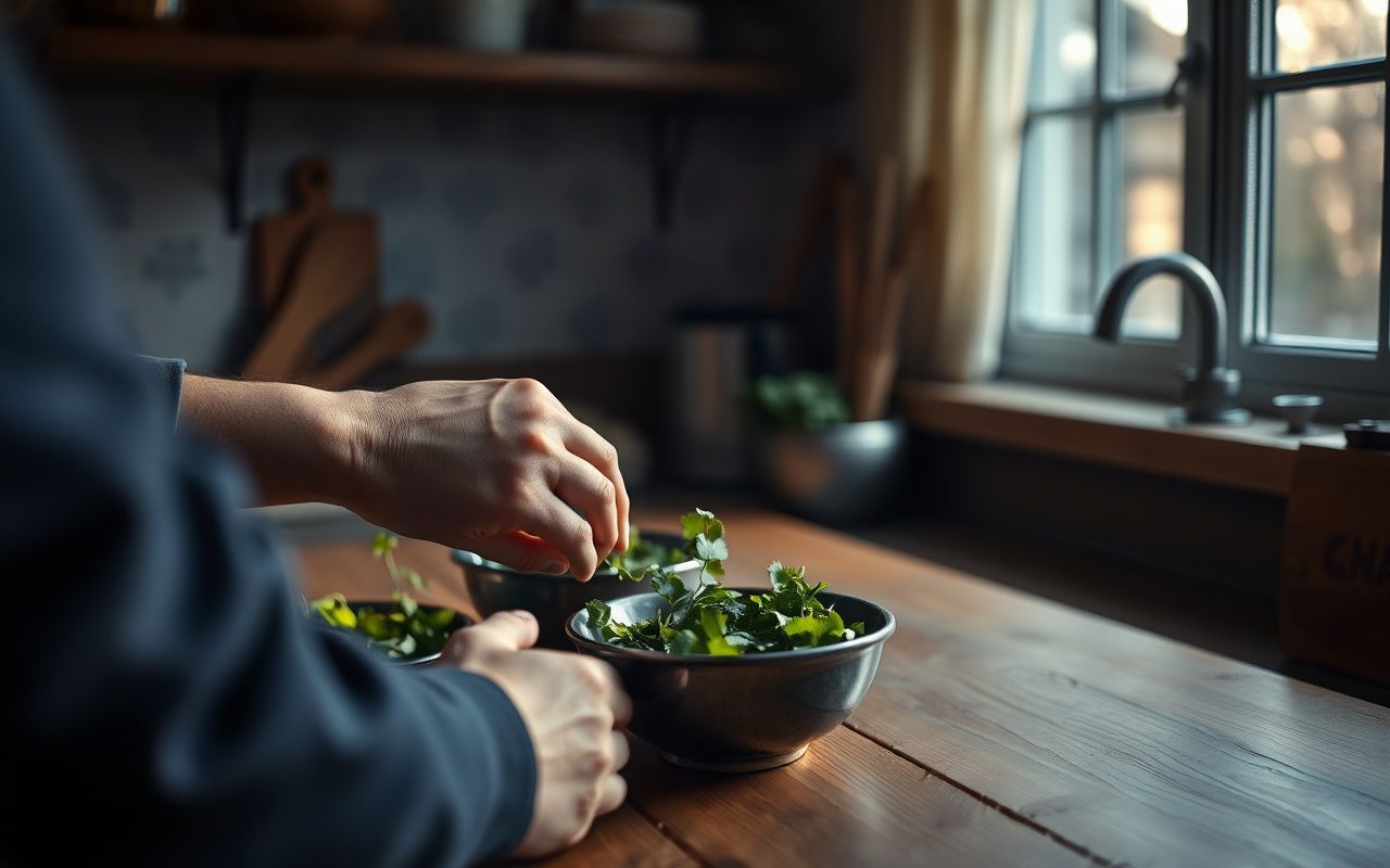 Cooking together in warm kitchen light