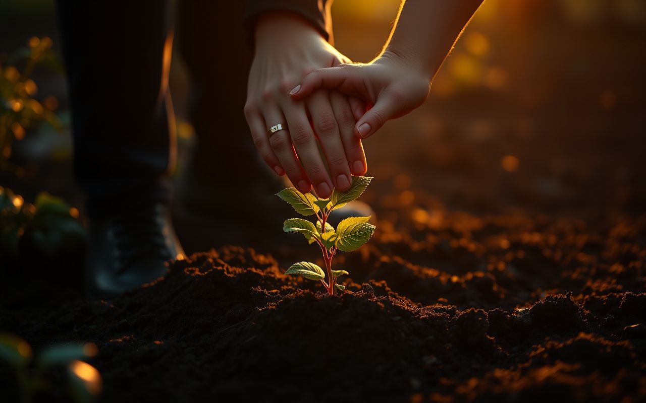 Planting a seedling together at golden hour
