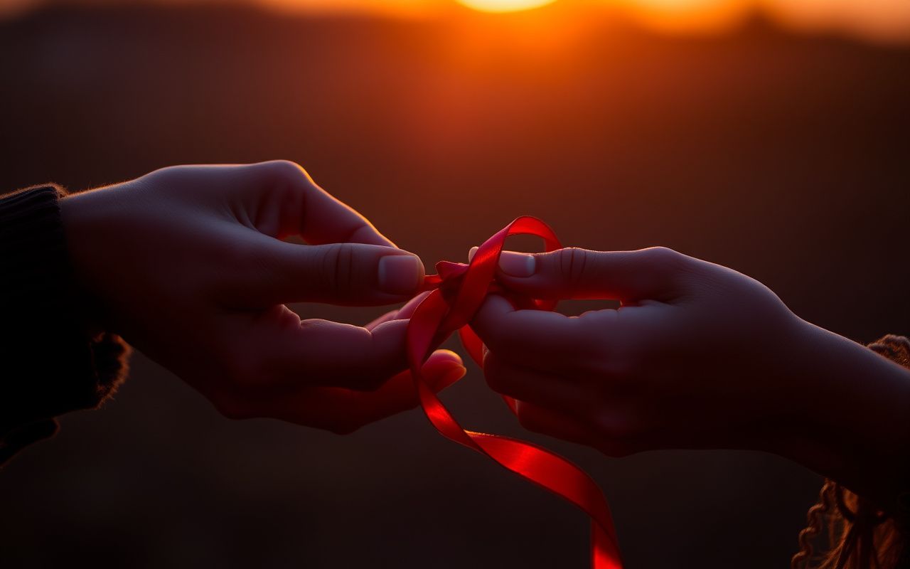 Hands releasing a tangled red ribbon