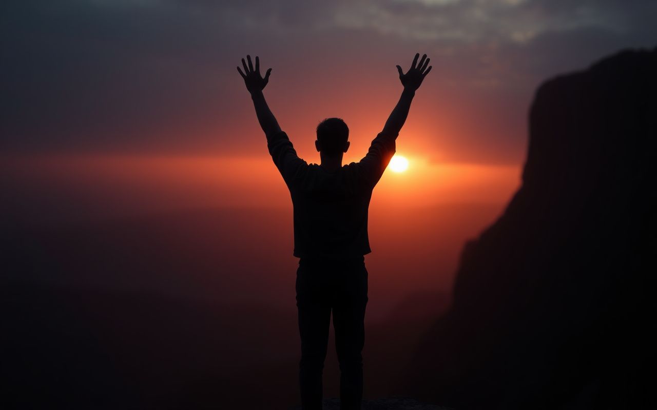 Silhouette arms raised at cliff edge at dawn