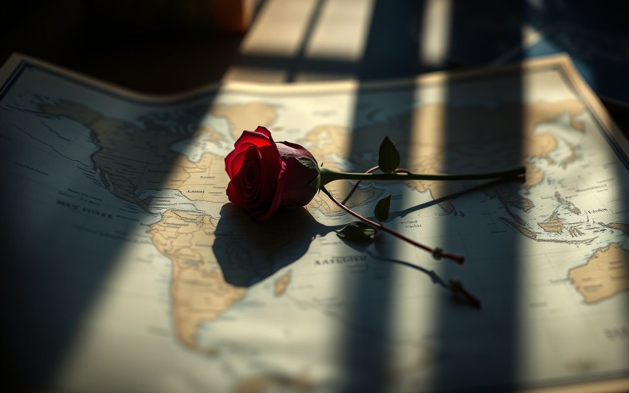 Rose on vintage map of the world