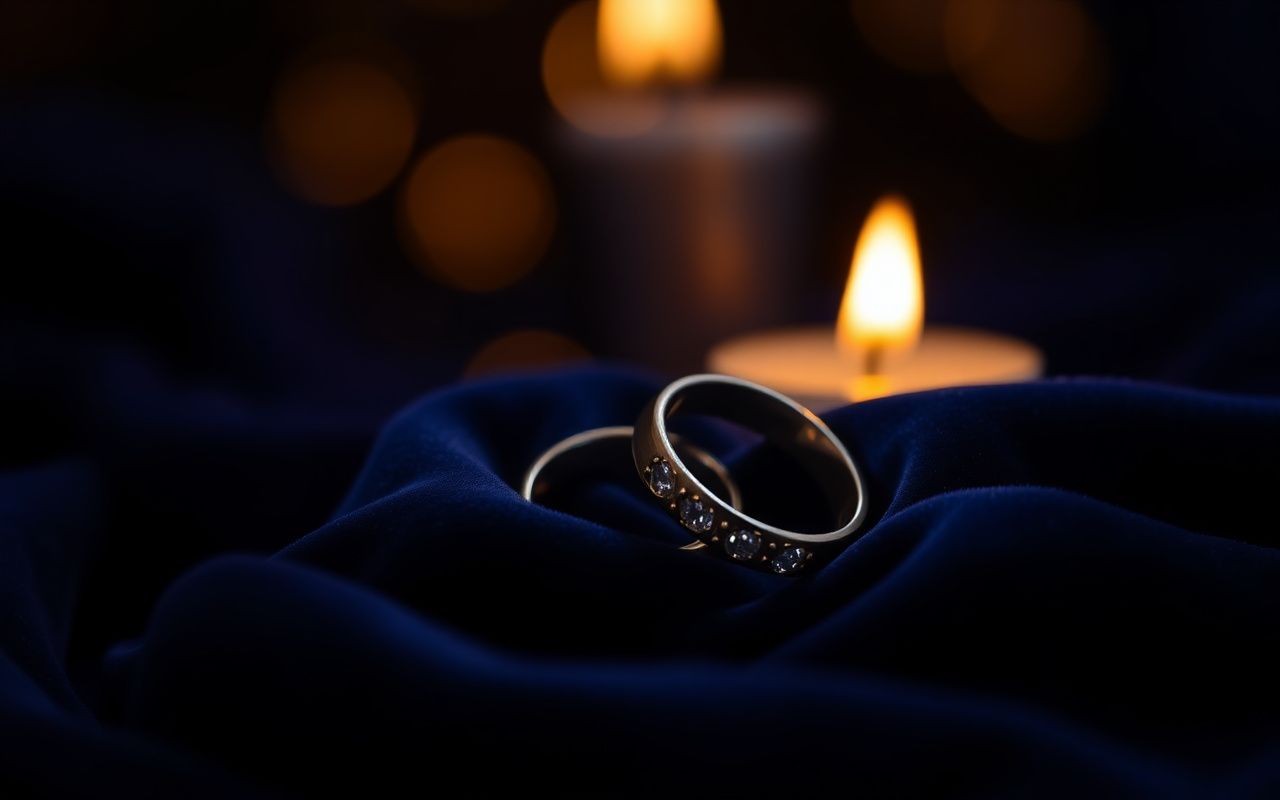 Two overlapping wedding rings in candlelight