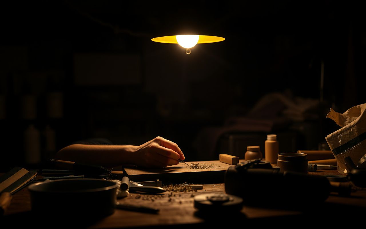 Hands crafting in lamplight