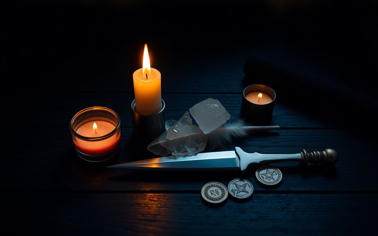 Ritual tools arranged in warm light