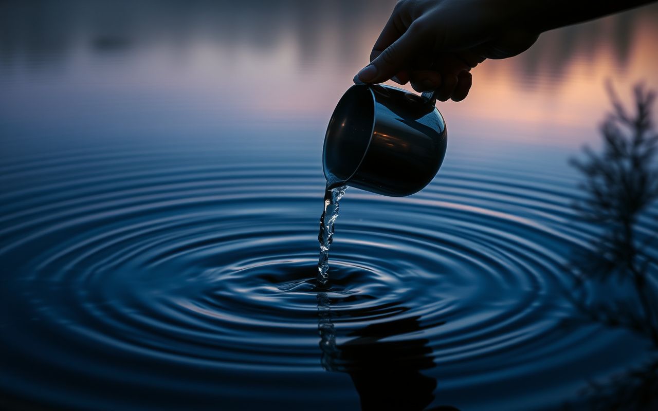 Pouring water into still pond at twilight