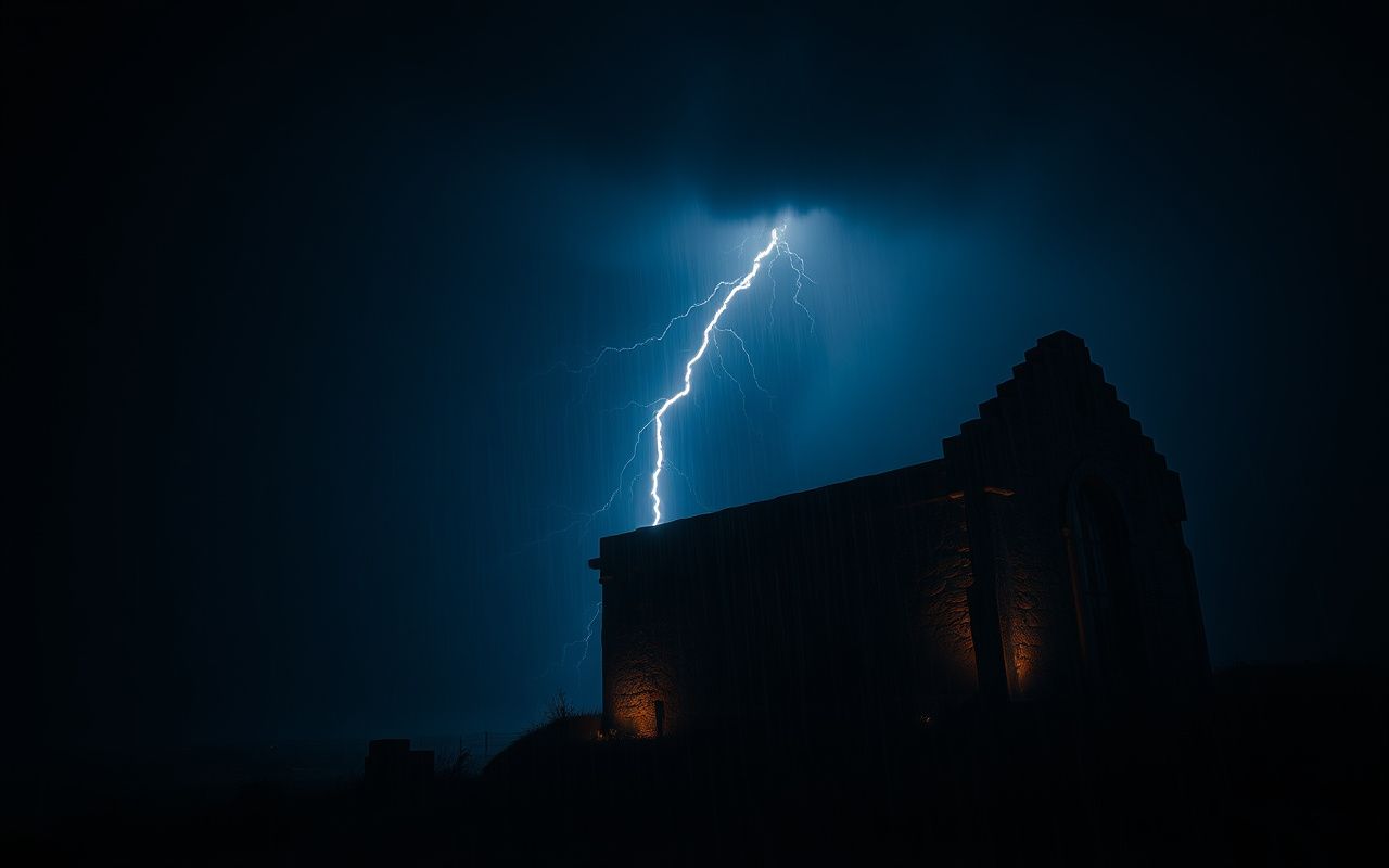 Lightning striking a stone tower at night