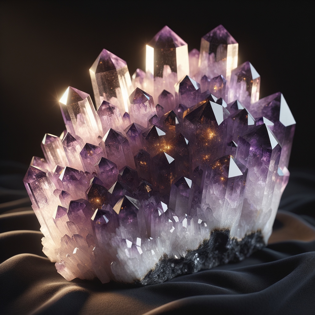 Raw amethyst crystals on dark stone surface — natural conductors used for amulets and energy work