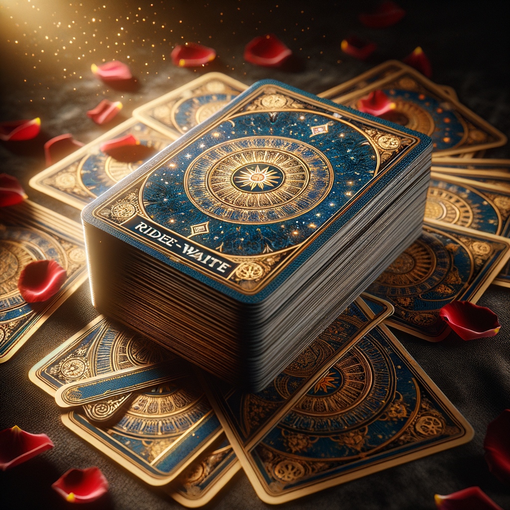 Rider-Waite Tarot deck spread across a wooden table, classic 78-card divination set