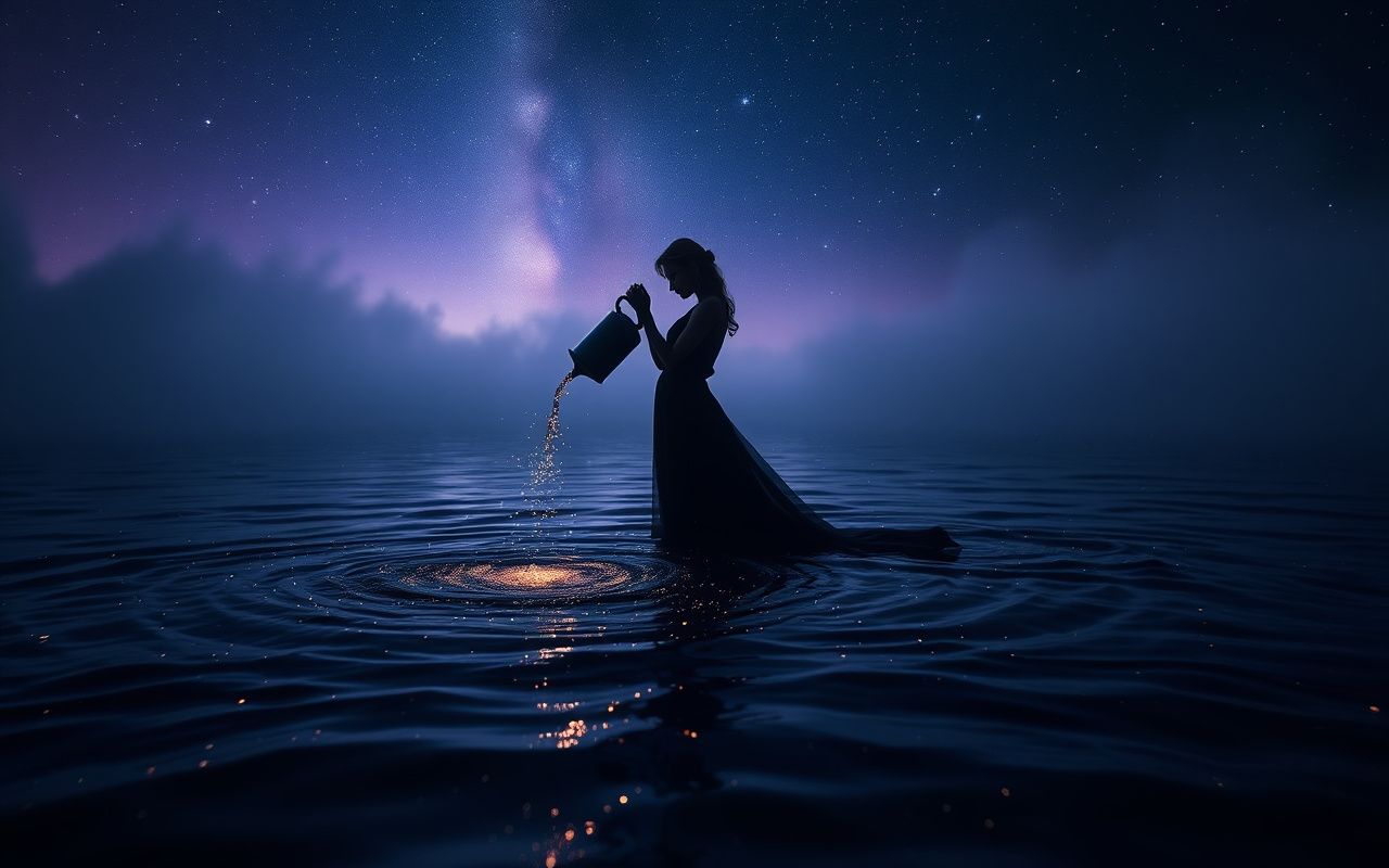 Silhouette of a water-bearer pouring starry water into a dark river under a violet night sky