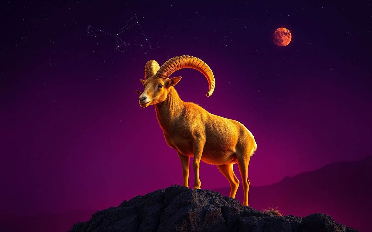 Golden ram standing on a cliff under a violet sky with Aries constellation and Mars in the background