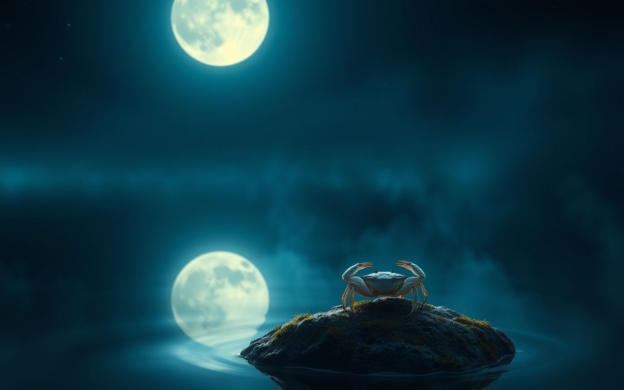 A silver crab on a moonlit rock reaching toward a full moon reflected in dark water, mystical blue tones.