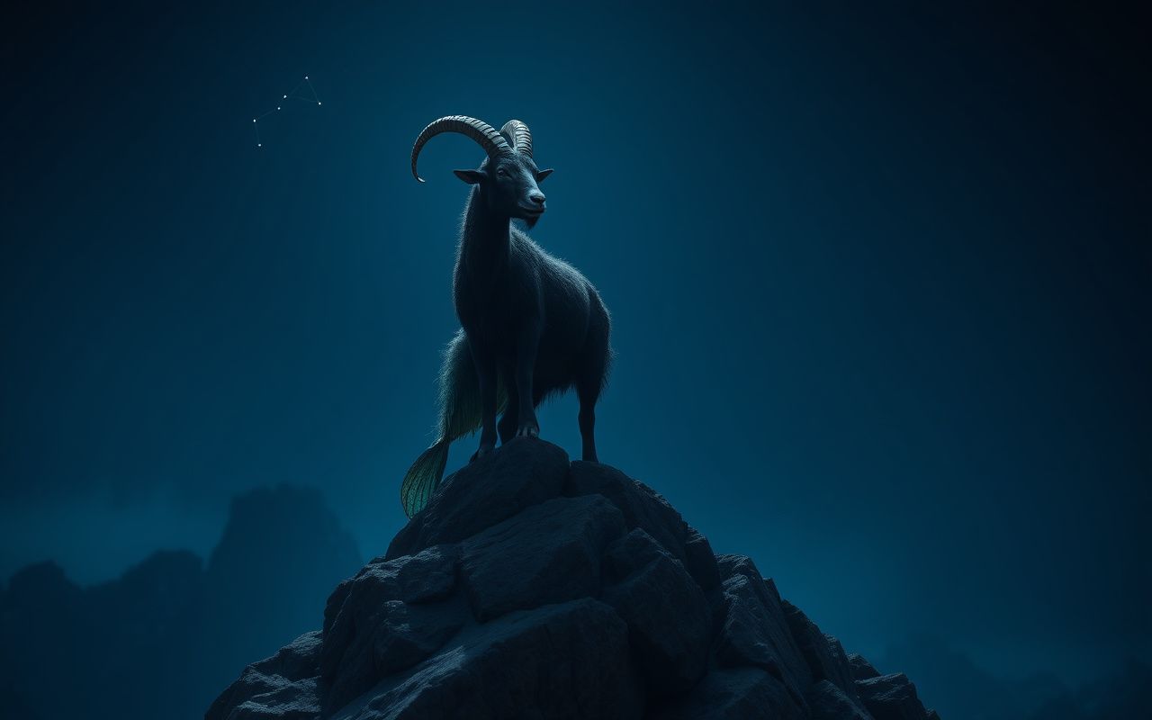 Mythical sea-goat standing on a mountain peak under a starry night sky with the Capricorn constellation glowing above