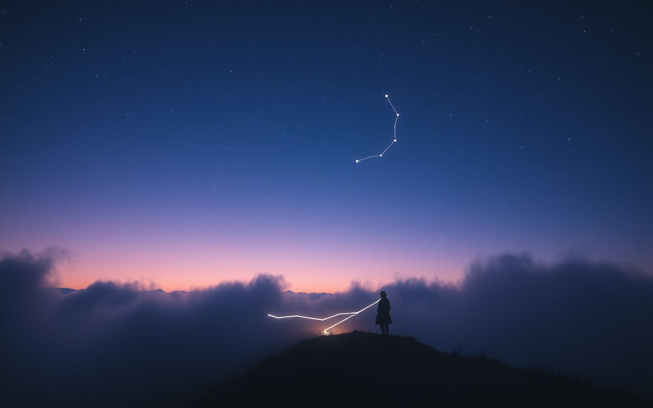 Gemini constellation with twin figures connected by light in a twilight landscape