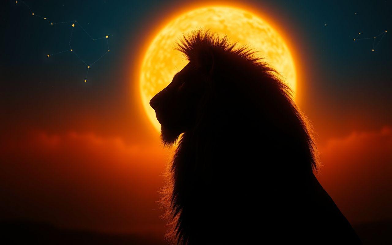 Leo zodiac sign symbol lion silhouette against glowing sun with constellation stars