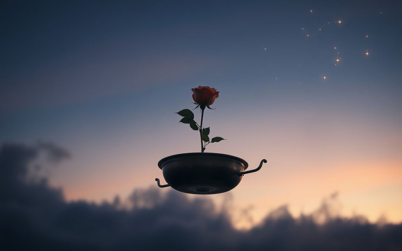 Golden scales of Libra constellation floating in twilight sky with rose and stars