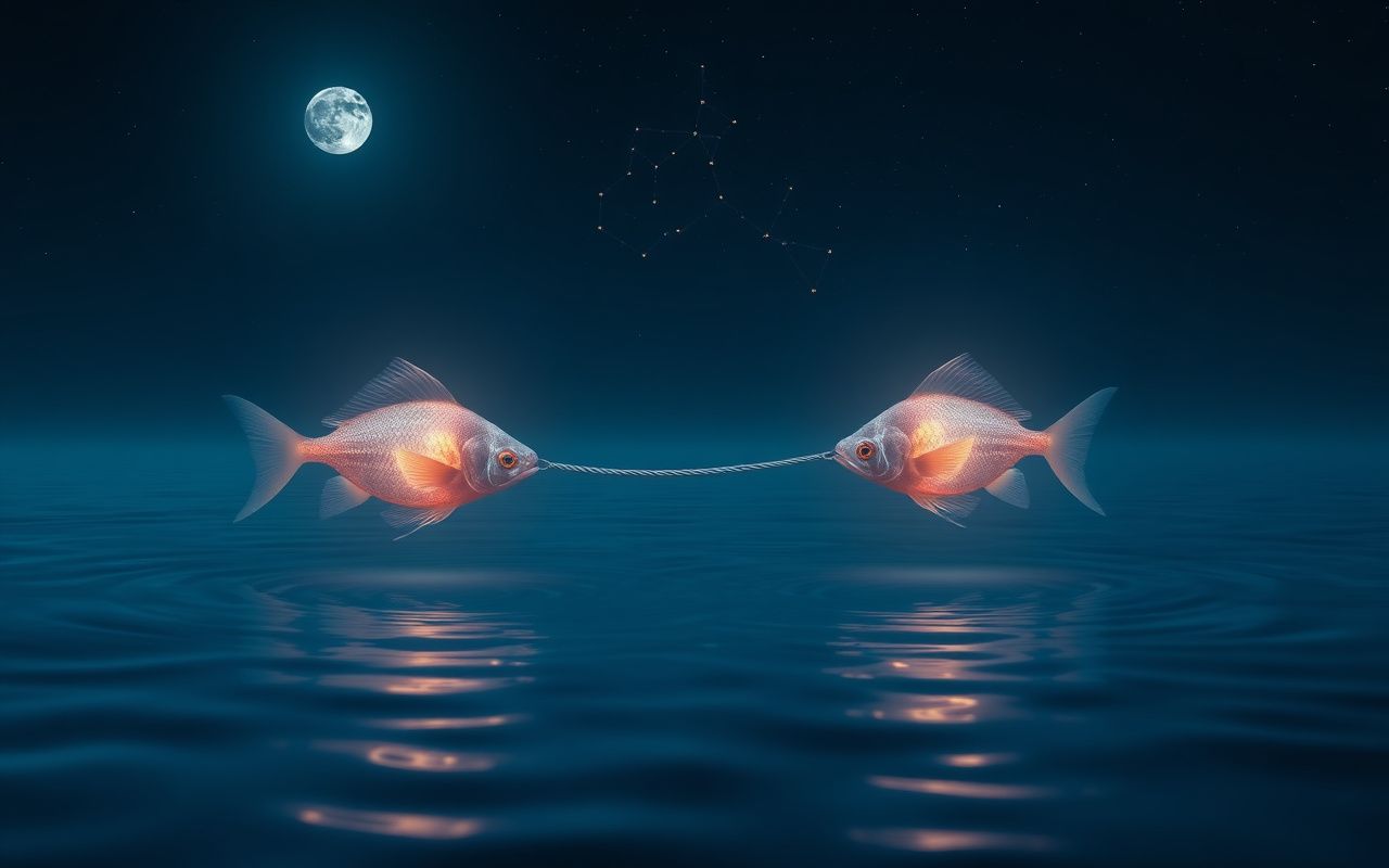Two fish swimming in opposite directions in a deep indigo ocean under a starry sky with Pisces constellation