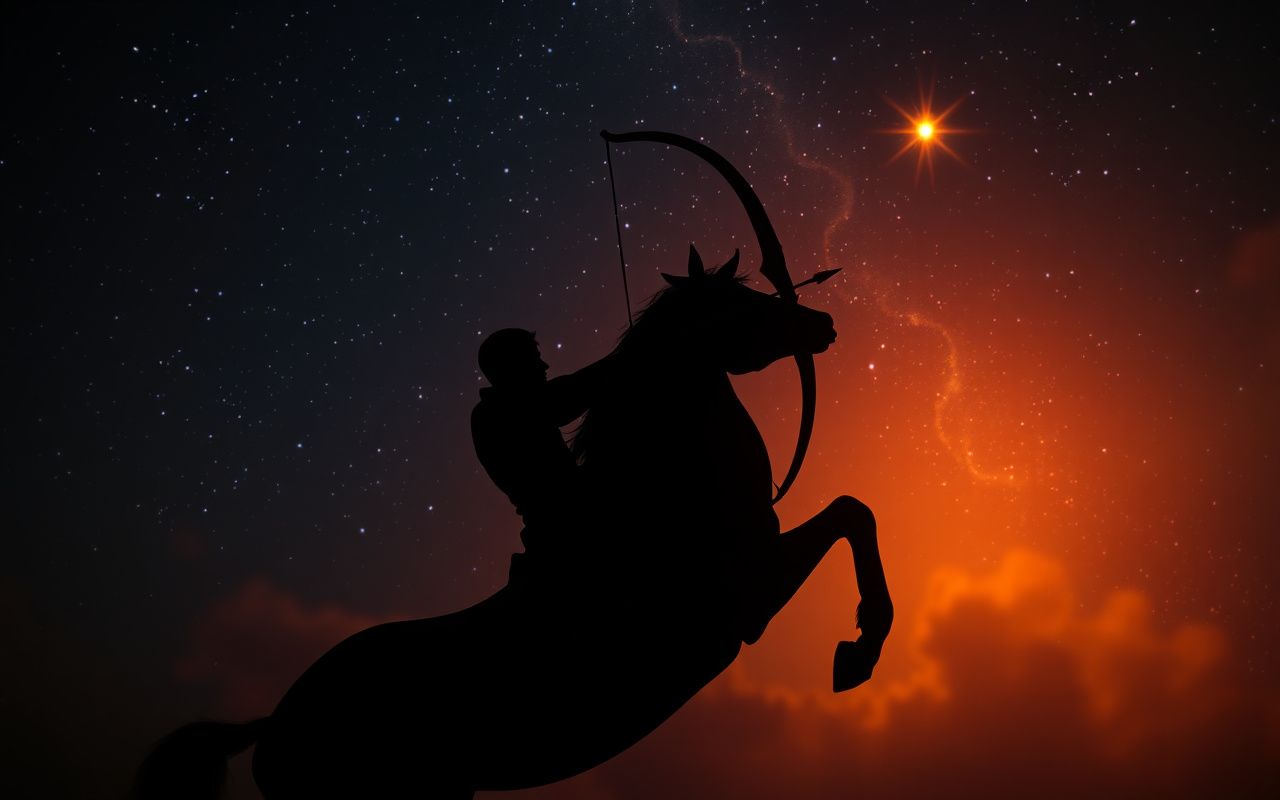 Sagittarius zodiac sign centaur archer aiming arrow at starry sky