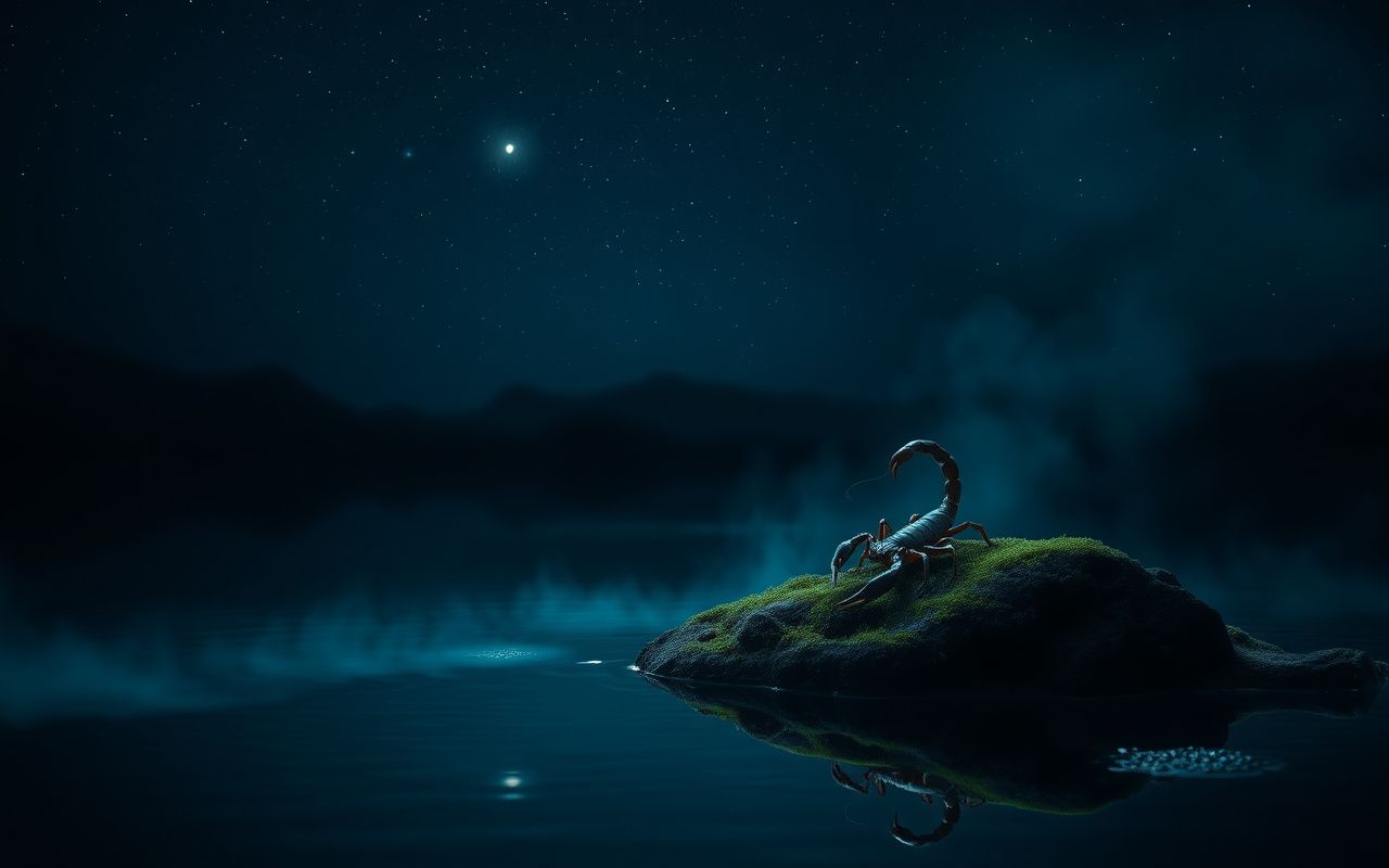 Scorpio zodiac sign symbol - scorpion by dark pond under Scorpius constellation