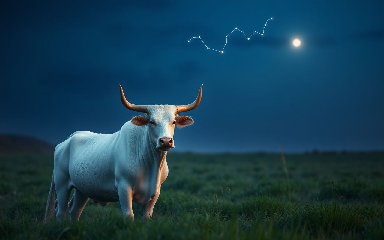 White bull standing in a misty meadow under the Taurus constellation and Venus at twilight