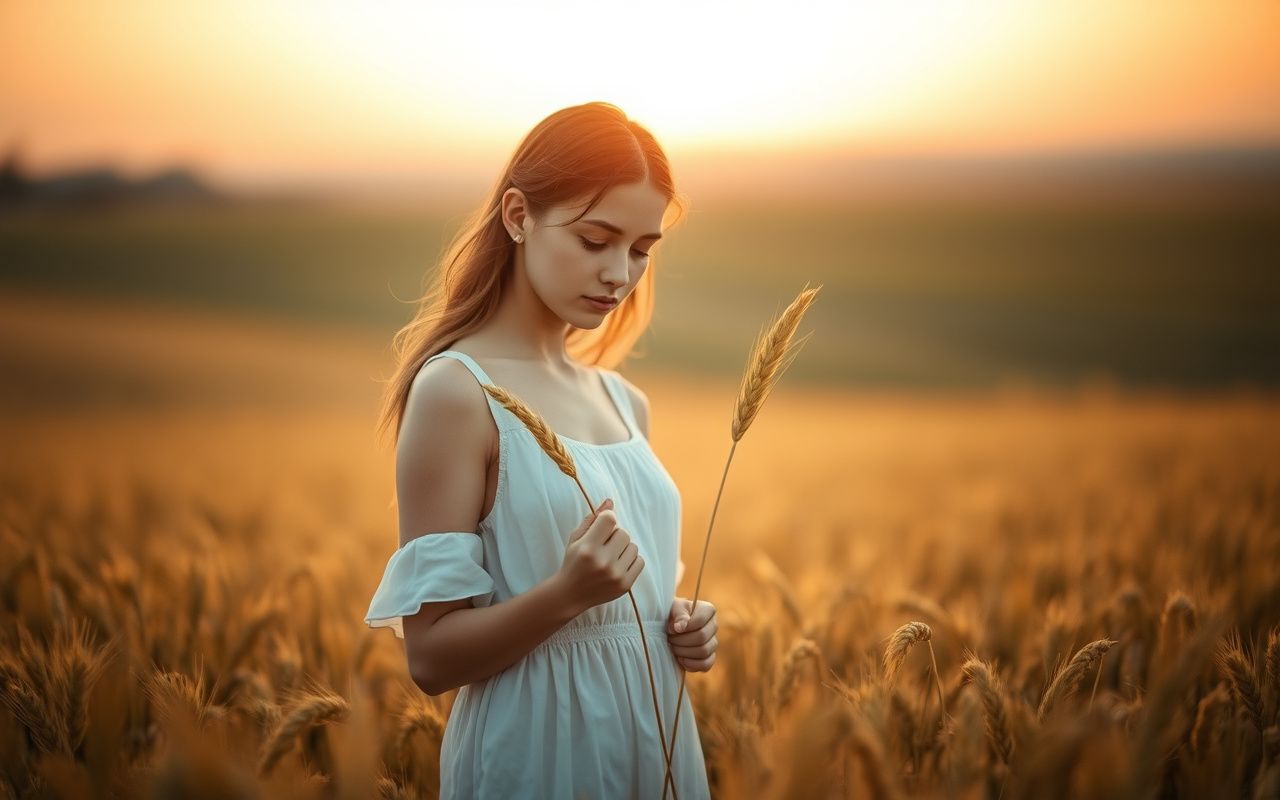Young woman in wheat field at golden hour, holding a stalk of wheat, representing Virgo zodiac sign.