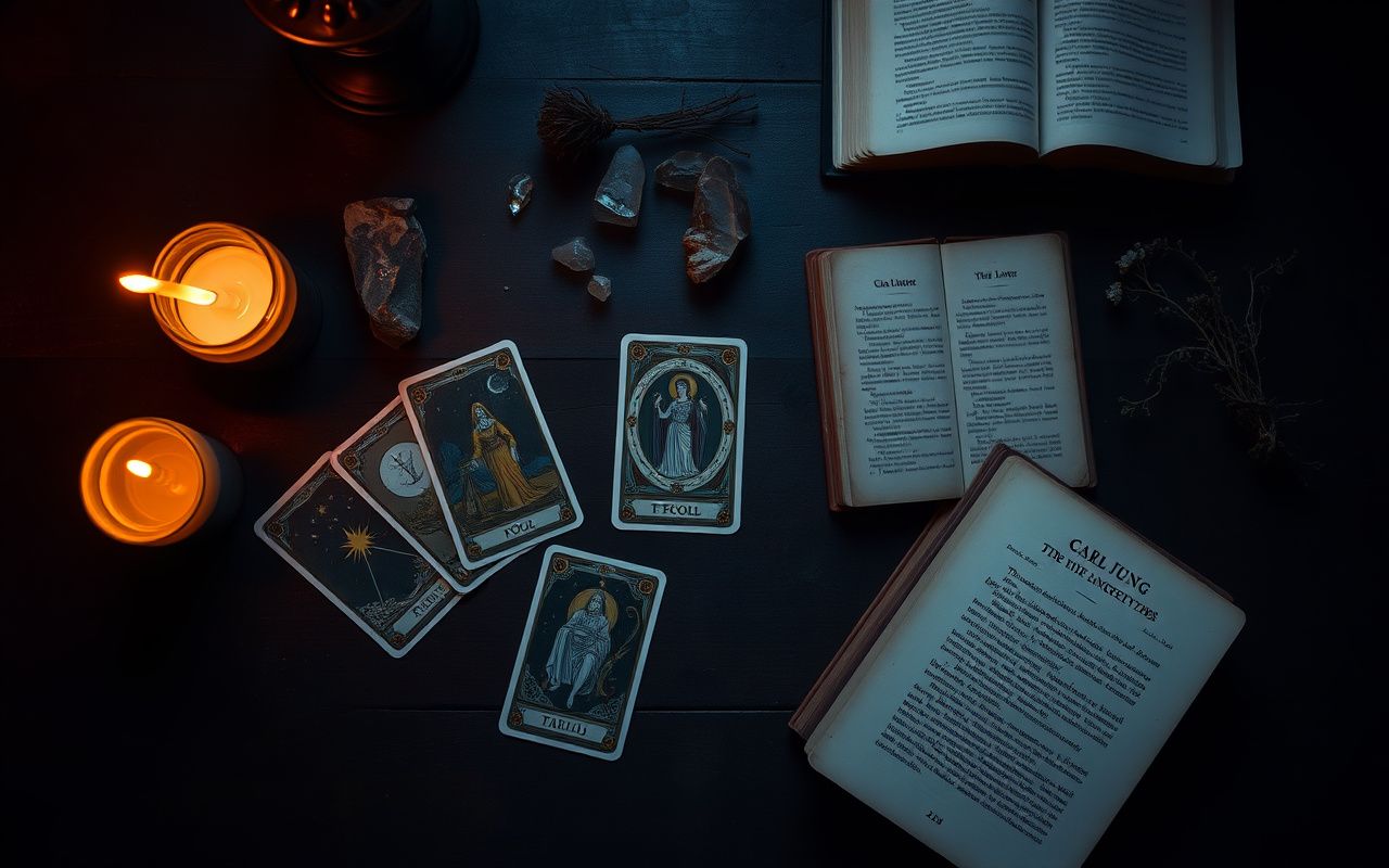 Tarot cards spread on a wooden table beside an open book by Carl Jung, with a candle casting shadows, representing archetypes and the collective unconscious.