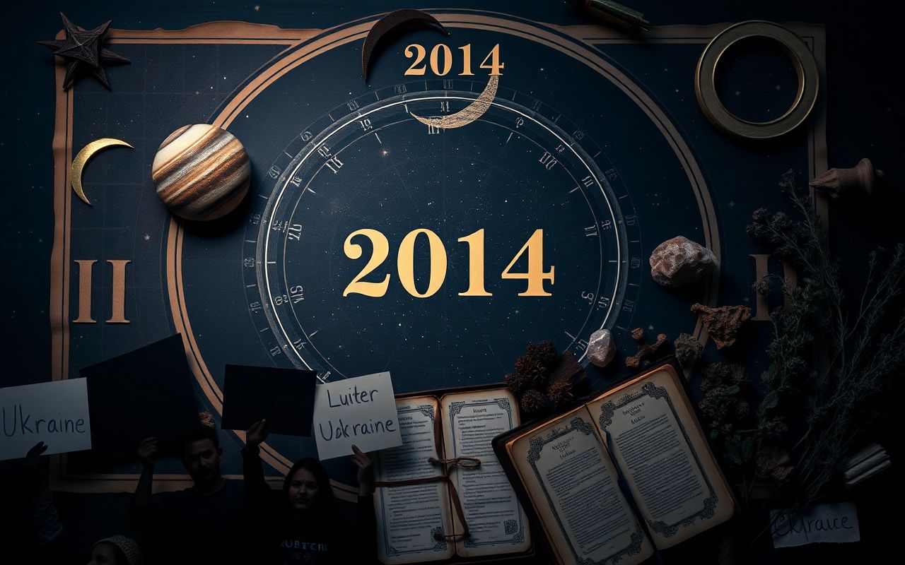 Astrological chart of 2014 Jupiter-Pluto opposition with protesters silhouette in foreground